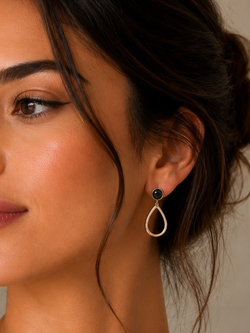 Elegant Gold Teardrop Earrings with Dark Green Stone